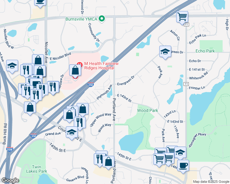 map of restaurants, bars, coffee shops, grocery stores, and more near 14151 Portland Avenue in Burnsville