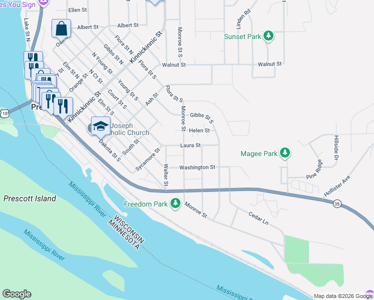 map of restaurants, bars, coffee shops, grocery stores, and more near 735 Laura Street in Prescott