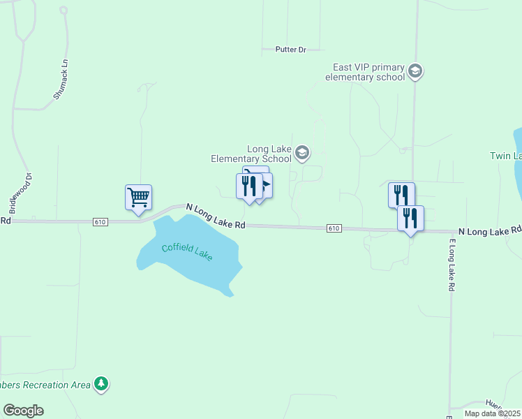 map of restaurants, bars, coffee shops, grocery stores, and more near 7600 North Long Lake Road in Traverse City