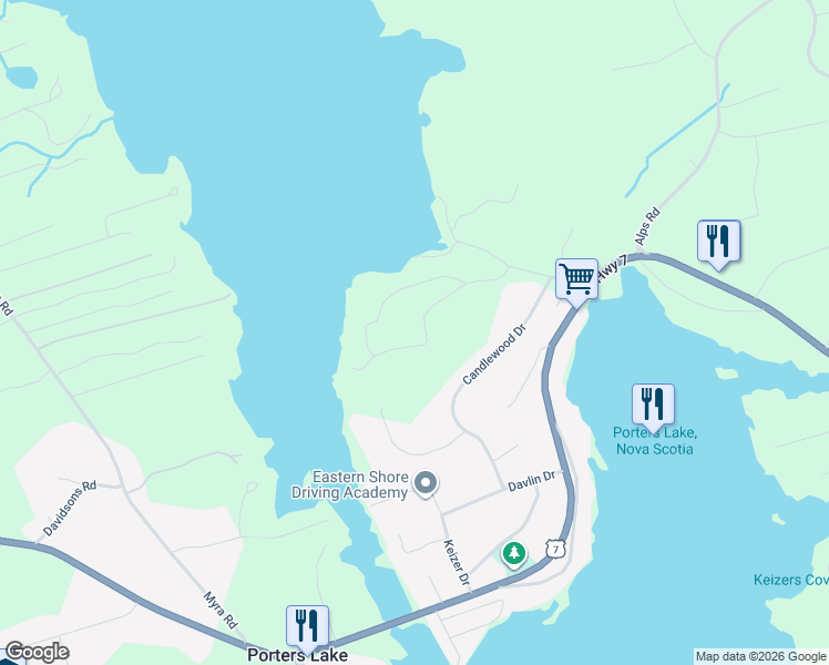 map of restaurants, bars, coffee shops, grocery stores, and more near 72 Whisper Ridge in Porters Lake