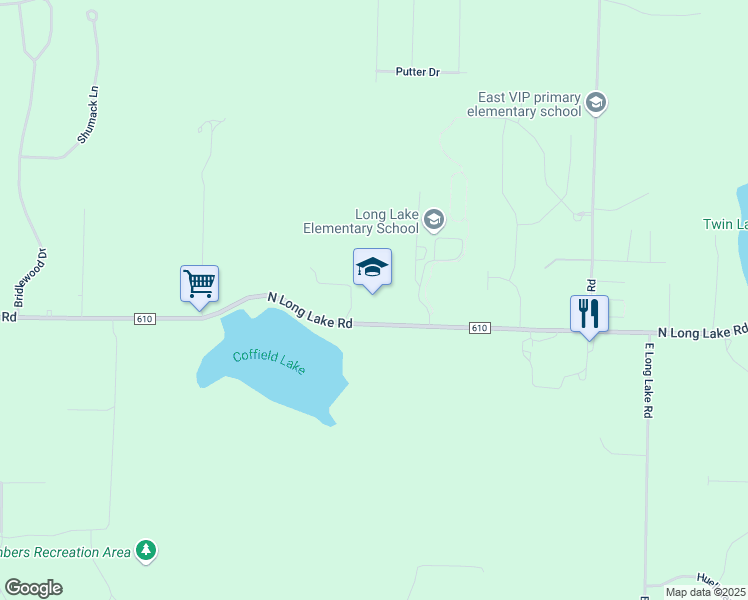 map of restaurants, bars, coffee shops, grocery stores, and more near 7600 North Long Lake Road in Traverse City