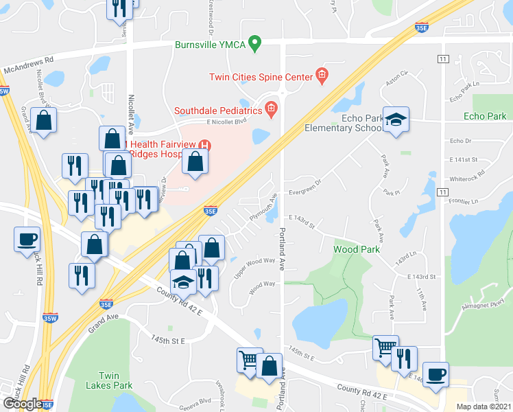 map of restaurants, bars, coffee shops, grocery stores, and more near 14060 Plymouth Avenue in Burnsville