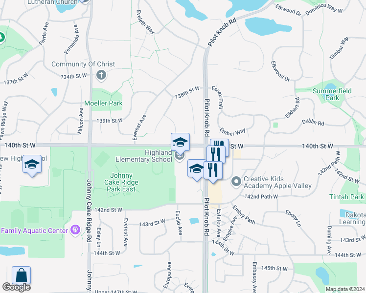 map of restaurants, bars, coffee shops, grocery stores, and more near 5585 140th Street West in Apple Valley