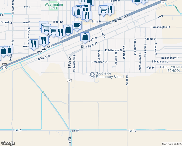 map of restaurants, bars, coffee shops, grocery stores, and more near 301 East Monroe Street in Powell
