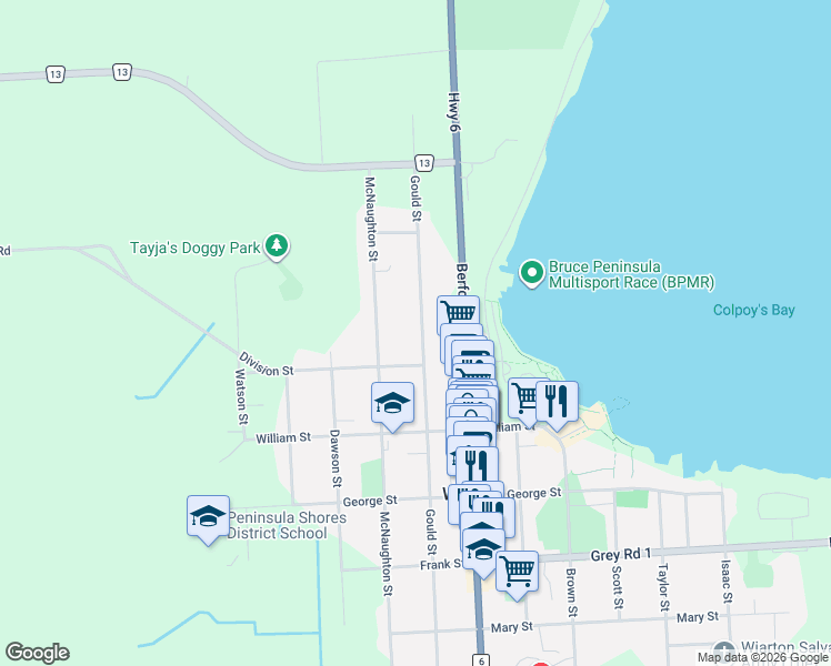 map of restaurants, bars, coffee shops, grocery stores, and more near 724 Gould Street in Wiarton