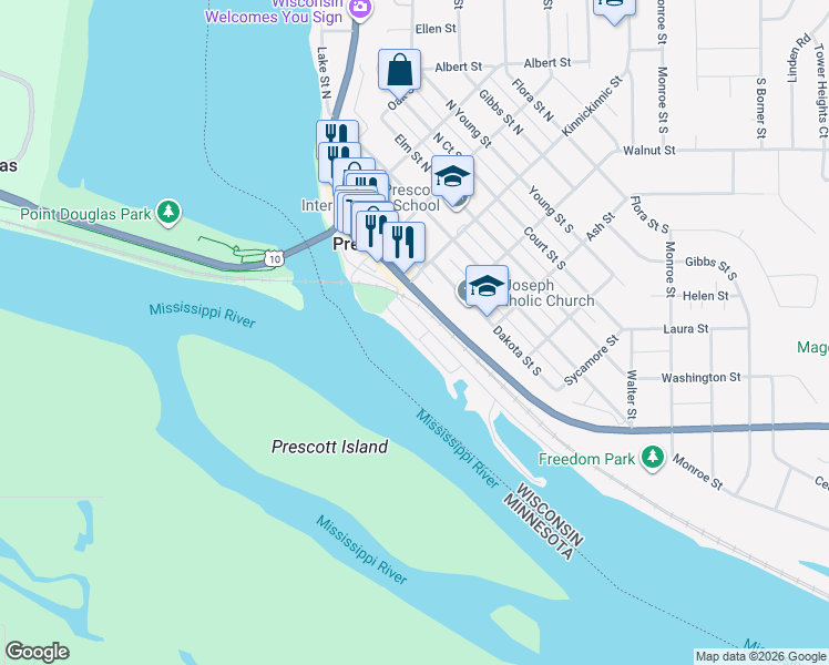 map of restaurants, bars, coffee shops, grocery stores, and more near 150 Front Street in Prescott