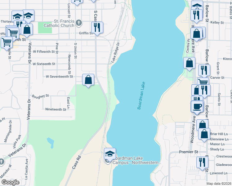 map of restaurants, bars, coffee shops, grocery stores, and more near 1507-1599 South Cass Street in Traverse City