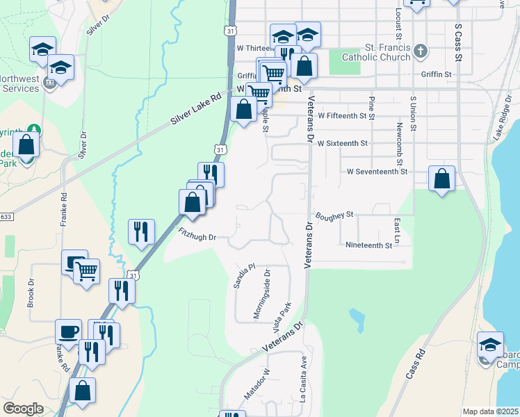 map of restaurants, bars, coffee shops, grocery stores, and more near 659 Bay Hill Drive in Traverse City