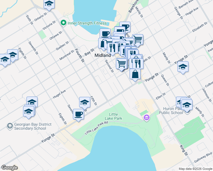 map of restaurants, bars, coffee shops, grocery stores, and more near 328 Third Street in Midland