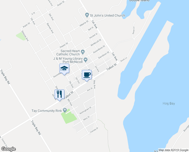 map of restaurants, bars, coffee shops, grocery stores, and more near 382 Talbot Street in Port McNicoll