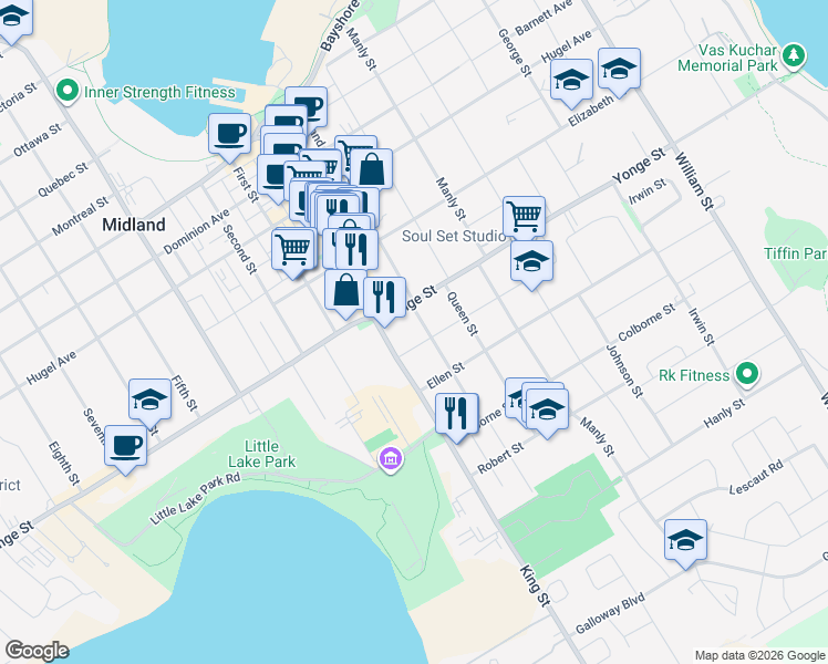 map of restaurants, bars, coffee shops, grocery stores, and more near 402 Midland Avenue in Midland