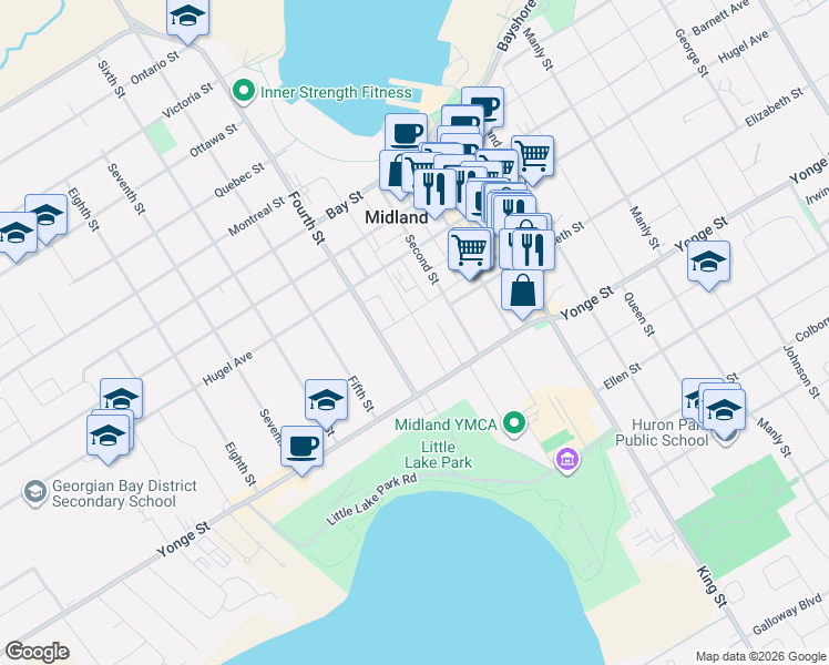 map of restaurants, bars, coffee shops, grocery stores, and more near 328 Third Street in Midland