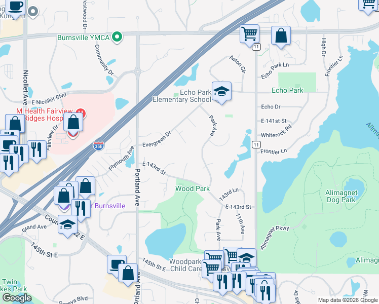 map of restaurants, bars, coffee shops, grocery stores, and more near 739 Evergreen Court in Burnsville