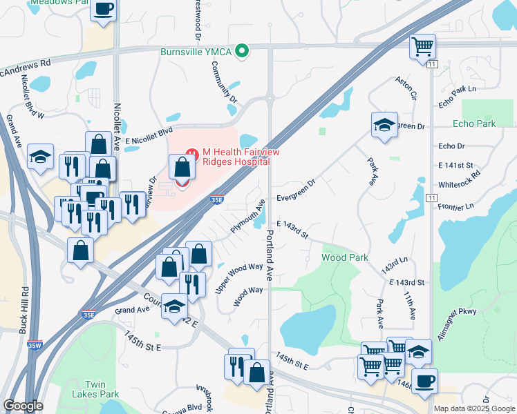 map of restaurants, bars, coffee shops, grocery stores, and more near 14151 Portland Avenue in Burnsville
