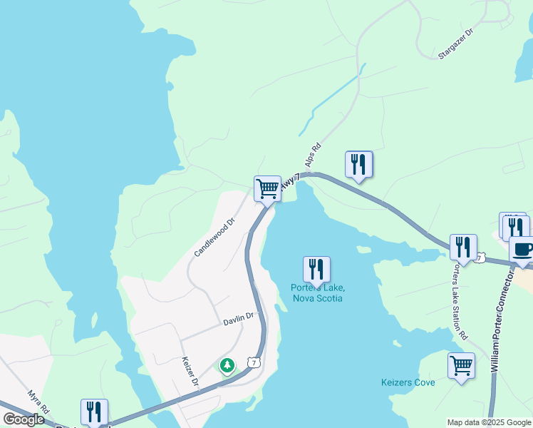 map of restaurants, bars, coffee shops, grocery stores, and more near 4888 Highway 7 in Porters Lake
