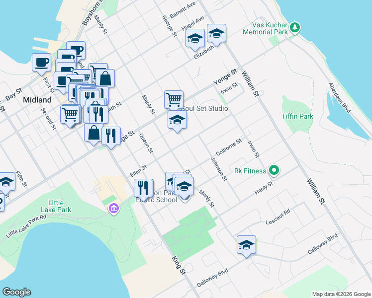 map of restaurants, bars, coffee shops, grocery stores, and more near 458 Russell Street in Midland