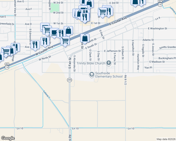 map of restaurants, bars, coffee shops, grocery stores, and more near 301-349 East Monroe Street in Powell