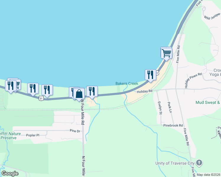 map of restaurants, bars, coffee shops, grocery stores, and more near 2215 U.S. 31 in Traverse City