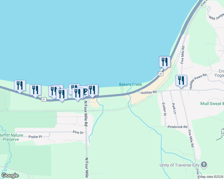 map of restaurants, bars, coffee shops, grocery stores, and more near 2057-2427 Munson Avenue in Traverse City