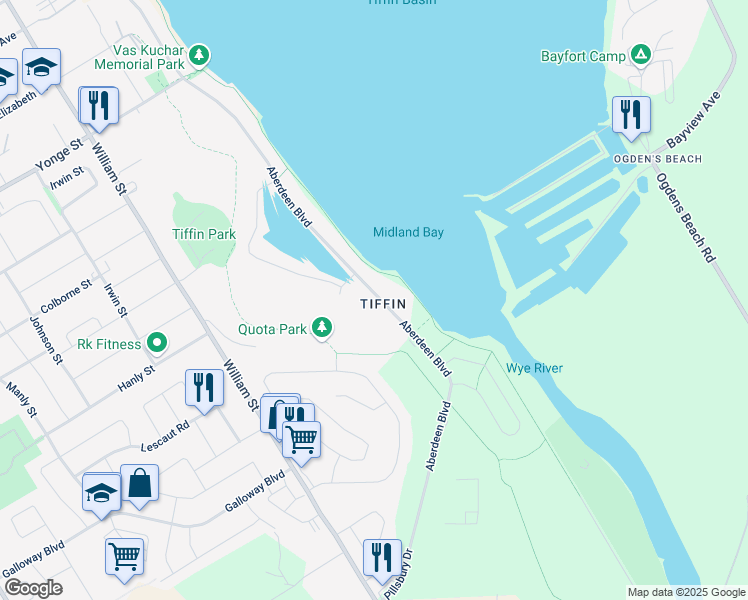 map of restaurants, bars, coffee shops, grocery stores, and more near 710 Aberdeen Boulevard in Port McNicoll