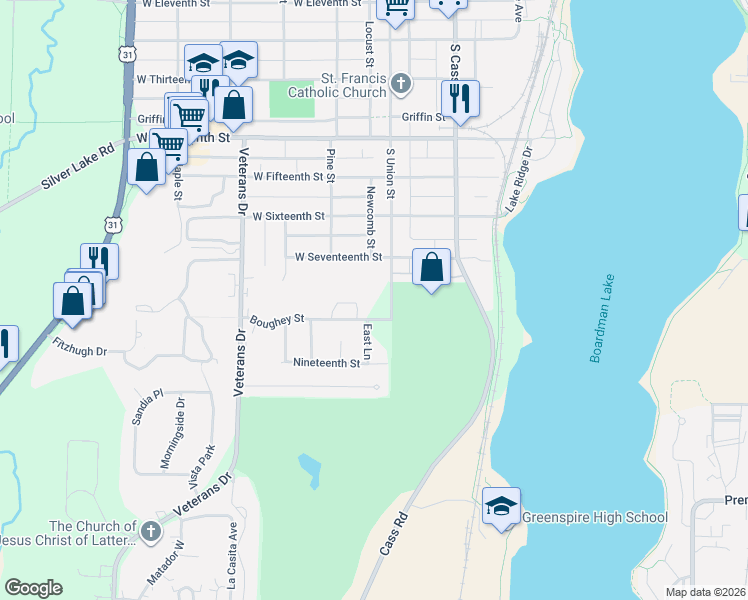 map of restaurants, bars, coffee shops, grocery stores, and more near 100-198 Boughey Street in Traverse City