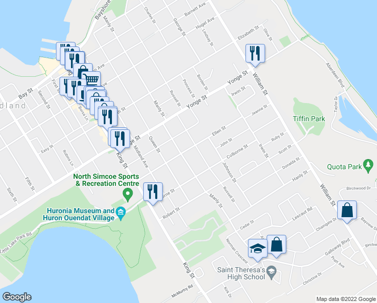 map of restaurants, bars, coffee shops, grocery stores, and more near 393 Ellen Street in Midland