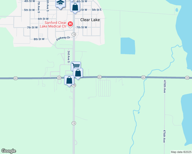 map of restaurants, bars, coffee shops, grocery stores, and more near South Dakota 22 in Clear Lake