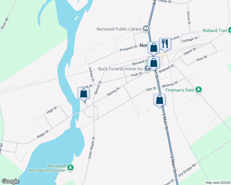 map of restaurants, bars, coffee shops, grocery stores, and more near 31 Spring Street in Norwood