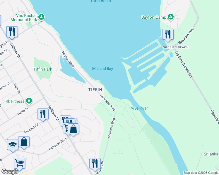 map of restaurants, bars, coffee shops, grocery stores, and more near 699 Aberdeen Boulevard in Midland