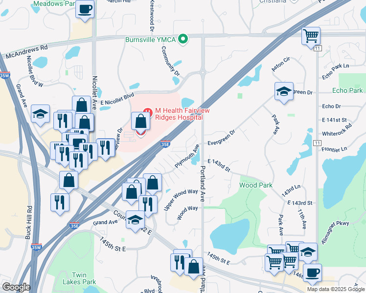 map of restaurants, bars, coffee shops, grocery stores, and more near 14060 Plymouth Avenue in Burnsville