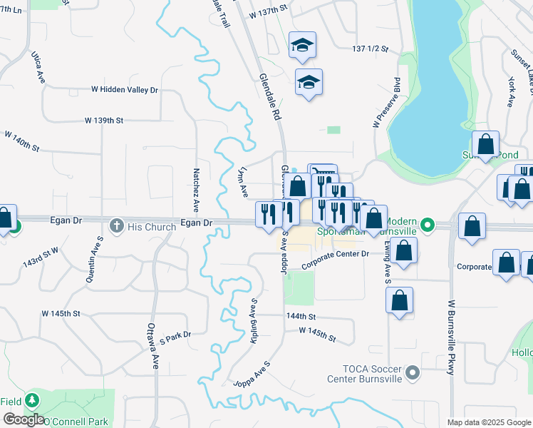 map of restaurants, bars, coffee shops, grocery stores, and more near 4350 Egan Drive in Savage