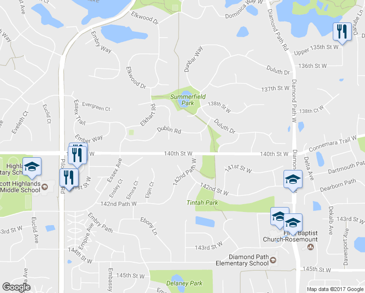 map of restaurants, bars, coffee shops, grocery stores, and more near 4949 140th Street West in Apple Valley