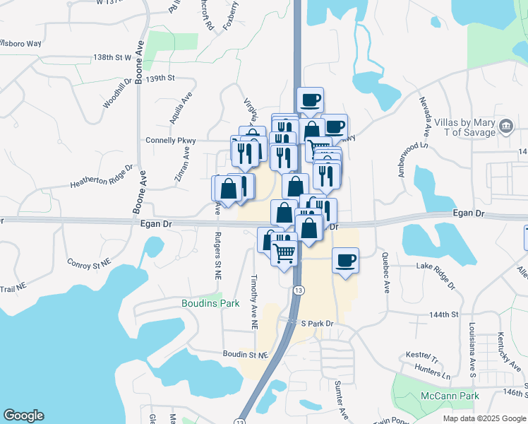 map of restaurants, bars, coffee shops, grocery stores, and more near 8100 Co Road 42 in Savage