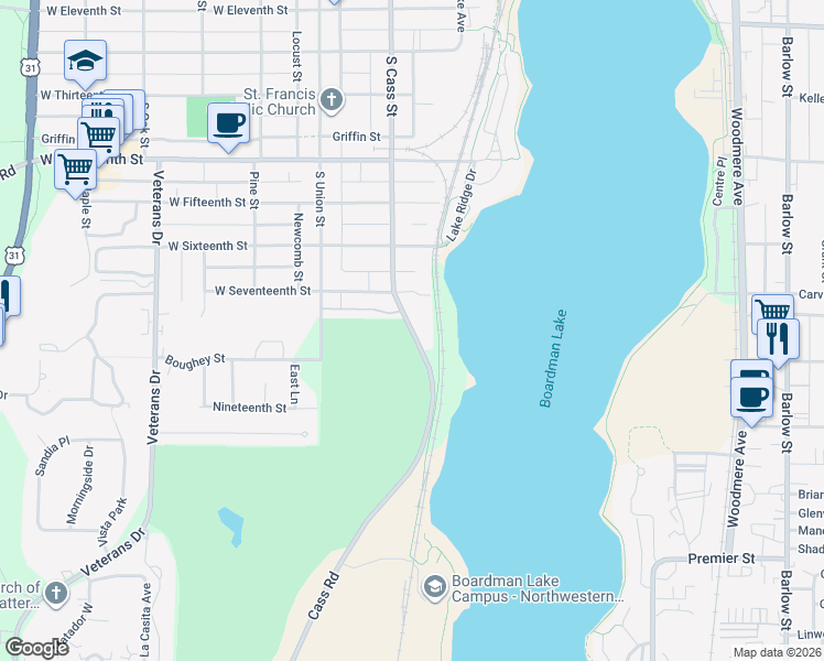 map of restaurants, bars, coffee shops, grocery stores, and more near 1507 South Cass Street in Traverse City
