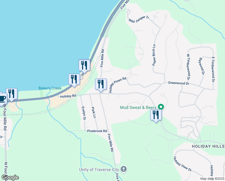map of restaurants, bars, coffee shops, grocery stores, and more near 2762-2800 Holiday Road in Traverse City