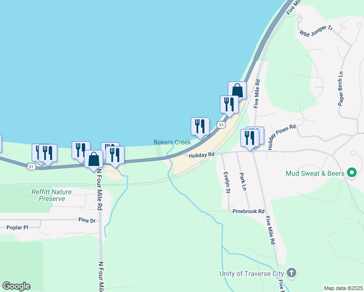 map of restaurants, bars, coffee shops, grocery stores, and more near 2301-2341 Holiday Road in Traverse City