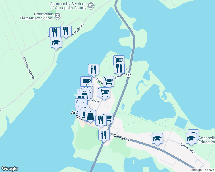 map of restaurants, bars, coffee shops, grocery stores, and more near 62 Chapel Street in Annapolis Royal