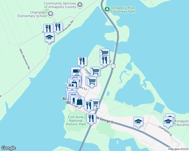 map of restaurants, bars, coffee shops, grocery stores, and more near 62 Chapel Street in Annapolis Royal