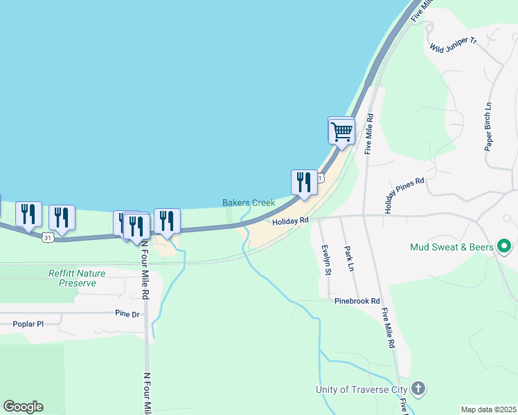 map of restaurants, bars, coffee shops, grocery stores, and more near 2301-2341 Holiday Road in Traverse City