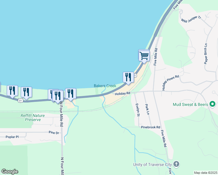 map of restaurants, bars, coffee shops, grocery stores, and more near 2301-2341 Holiday Road in Traverse City