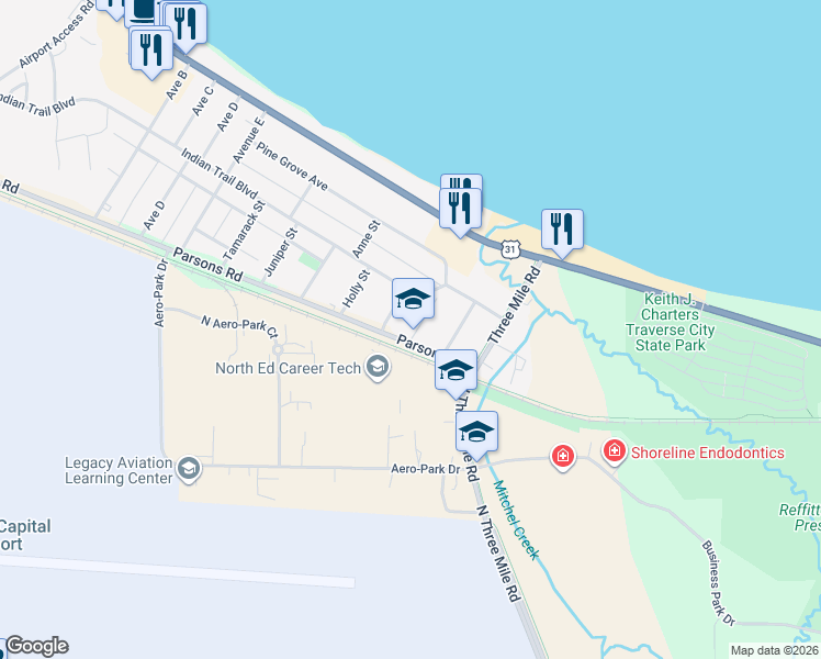 map of restaurants, bars, coffee shops, grocery stores, and more near Traverse Area Recreation Trail in Traverse City