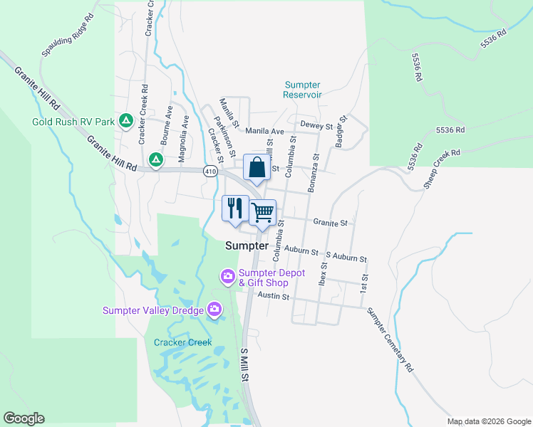 map of restaurants, bars, coffee shops, grocery stores, and more near 132 Center Street in Sumpter
