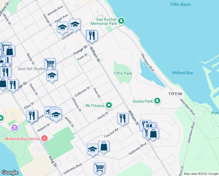 map of restaurants, bars, coffee shops, grocery stores, and more near 234 Scott Street in Midland