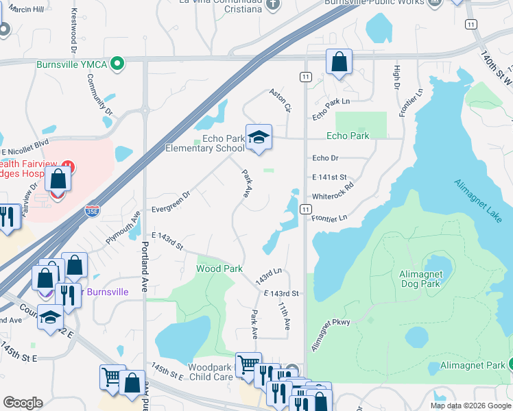 map of restaurants, bars, coffee shops, grocery stores, and more near 1001 Park Place in Burnsville