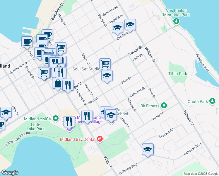 map of restaurants, bars, coffee shops, grocery stores, and more near 442 Russell Street in Midland