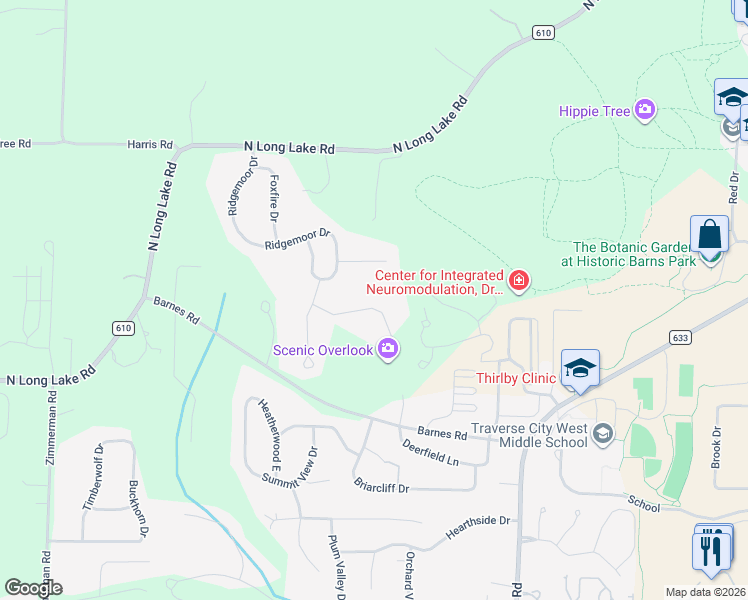 map of restaurants, bars, coffee shops, grocery stores, and more near 4319 Cherry Lane in Traverse City