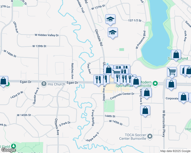 map of restaurants, bars, coffee shops, grocery stores, and more near 4350 Egan Drive in Savage
