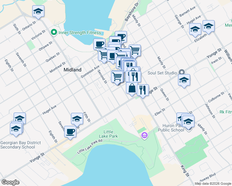map of restaurants, bars, coffee shops, grocery stores, and more near 555 Elizabeth Street in Midland