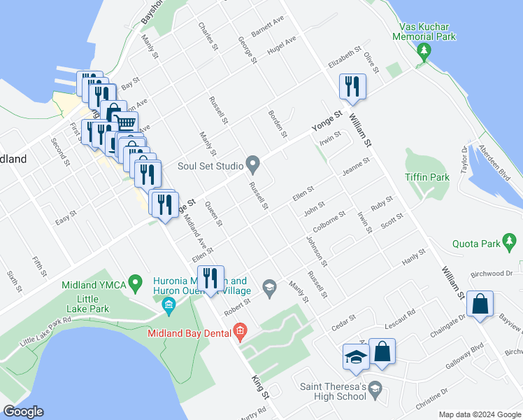 map of restaurants, bars, coffee shops, grocery stores, and more near 438 Russell Street in Midland