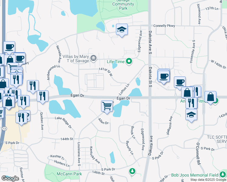 map of restaurants, bars, coffee shops, grocery stores, and more near 6700 Egan Drive in Savage